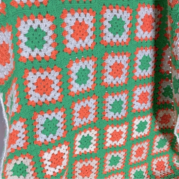 Vintage Handmade Green Orange Cream Granny Square Crochet Afghan Blanket - Picture 6 of 12